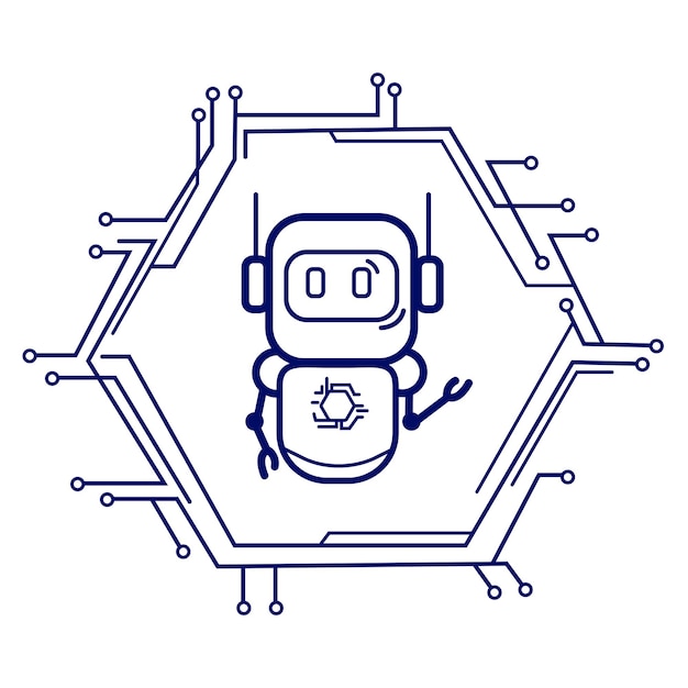 Vector chat bot line iconcute chat bot android robot in a technology frame with a microcircuit patternvec