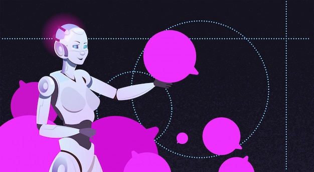 chat bot met behulp van bubbels vrouw robot virtuele hulp van website of mobiele toepassingen kunstmatige intelligentie messenger support concept