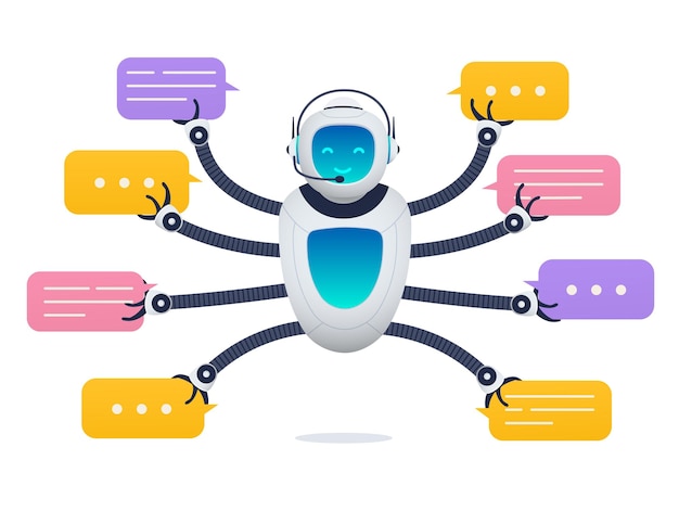 Vettore assistente robot chat bot per l'assistenza clienti concetto di consulente virtuale per ricevere aiuto e fornire informazioni