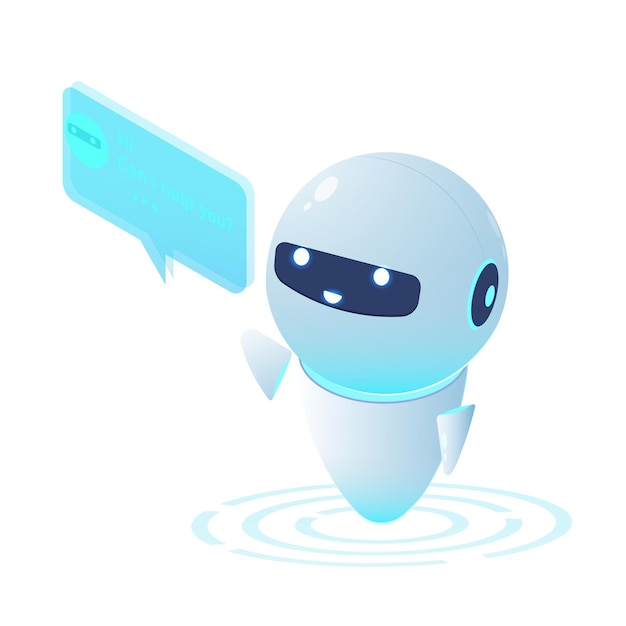 Vettore personaggio robot chat bot con ologramma a fumetto interfaccia di rete tecnologia di intelligenza artificiale macchinari digitali innovazione futuristica sfondo bianco illustrazione vettoriale