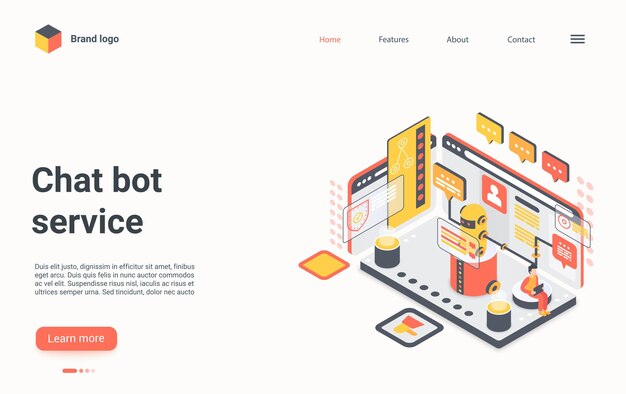 Chat bot service concept isometric landing page chatbot virtual support technology