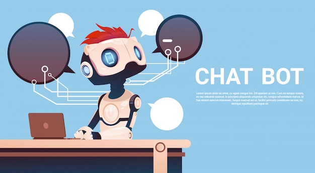 Vettore chat bot utilizzo di computer portatile, robot assistenza virtuale di siti web o applicazioni mobili, artifici