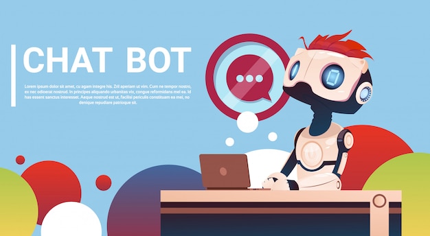 Chat bot utilizzo di computer portatile, robot assistenza virtuale di siti web o applicazioni mobili, artifici