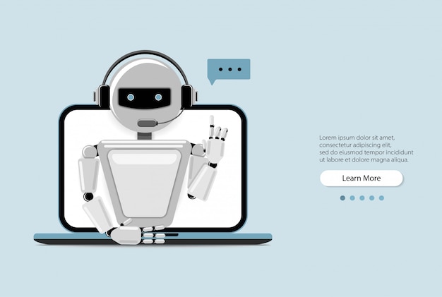Vettore chat bot con laptop, robot assistenza virtuale del sito web o applicazioni mobili. bot del servizio di supporto vocale. bot di supporto online.