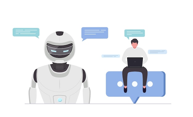 Vector chat bot with artificial intelligence digital assistant concept man communicates with ai