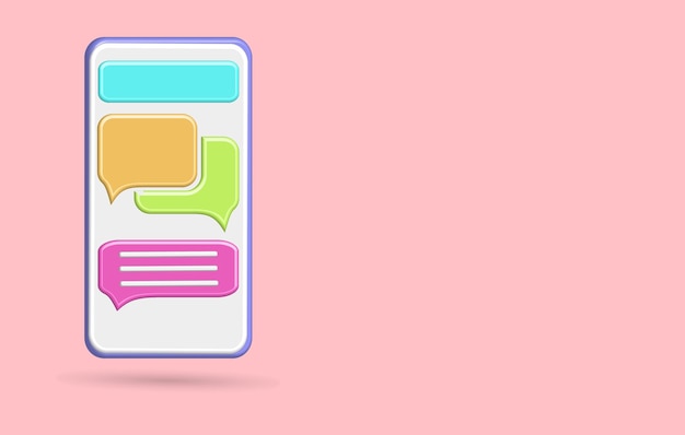 소셜 미디어 게시물에 대한 보라색 색상과 분홍색 배경이 있는 채팅 거품 스마트폰 아이콘