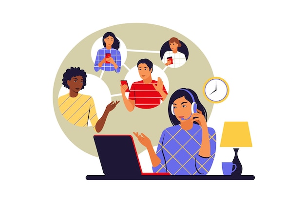 Vector chat concept. woman chatting with friends online. social networking, chat, video, news, messages, search friends. vector illustration. flat.