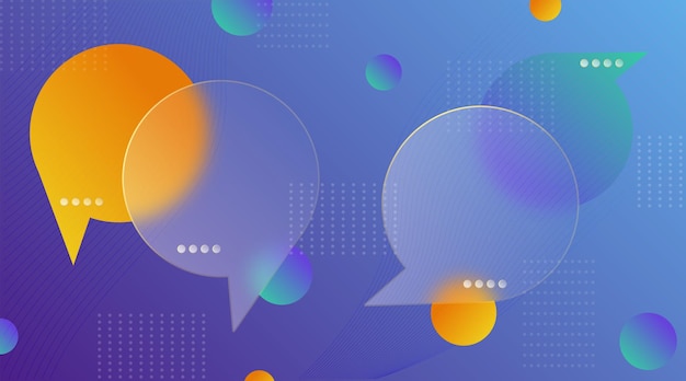 Chat dialog boxes in glass morphism effect style transparent frosted acrylic speech bubble on color gradient circles realistic glassmorphism matte plexiglass message shapes vector