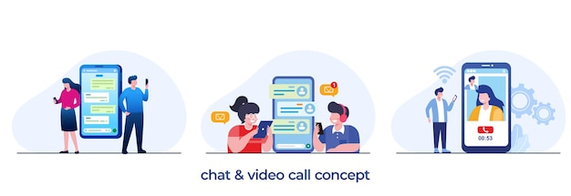 Chat en video-oproep sociale media jonge verbinding communicatie concept vlakke afbeelding vector