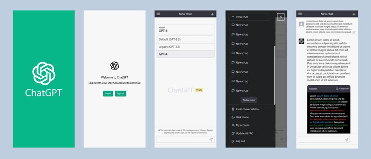 Vector chat gpt screen bot with artificial intelligence template with logo login signup new chat prompt interface openai chatgpt chatbot screen interface template