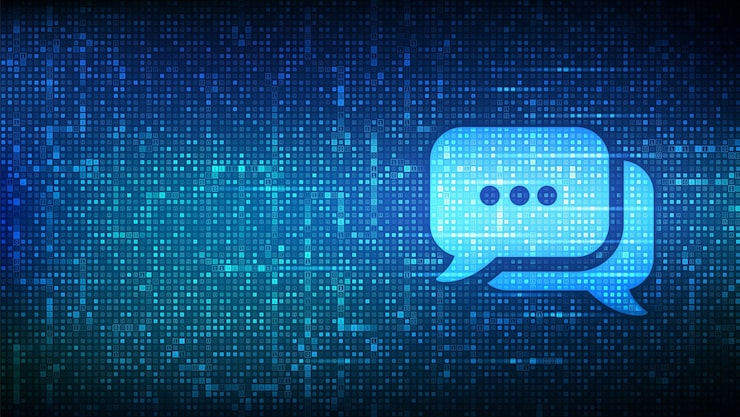 Vector chat icon made with binary code chatbot assistant application talk bubble speech dialogue balloon binary data and streaming digital code matrix background with digits 10 vector illustration