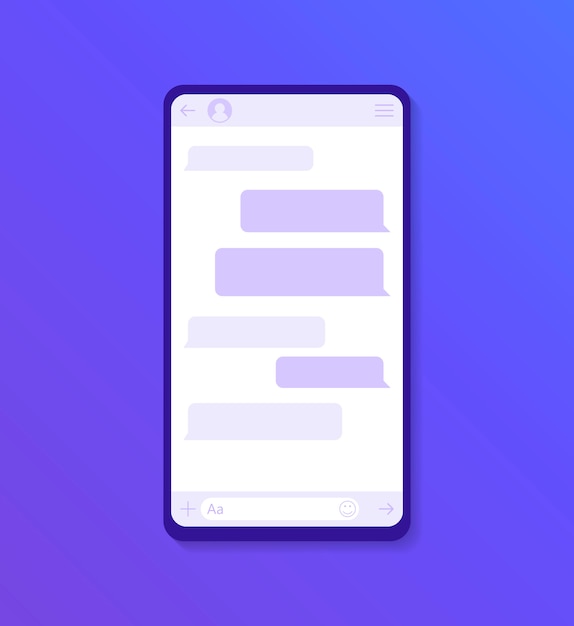 대화 창이있는 채팅 인터페이스 응용 프로그램. 모바일 UI를 청소하십시오. SMS 메신저. 현대 평면 스타일 일러스트