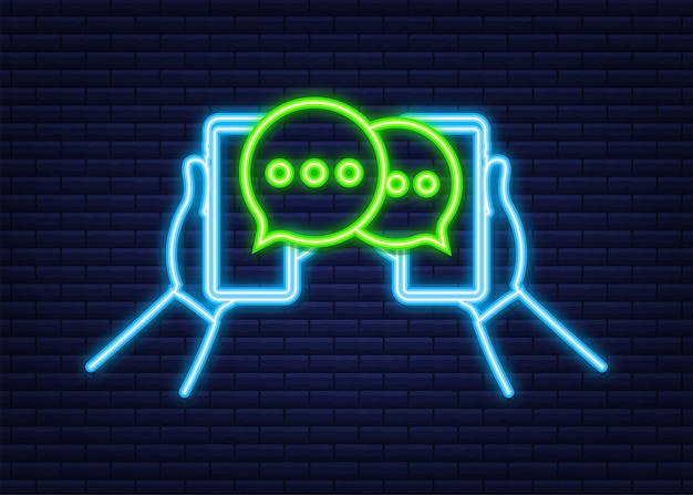 Chat message bubbles on smartphone screen. neon icon. social network. messaging. vector stock illustration.