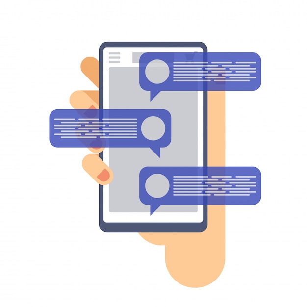 Вектор Уведомления о сообщениях чата на мобильном телефоне. рука держа смартфон.