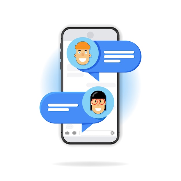 Vector chat message on smartphone. illustration, flat cartoon sms bubbles on mobile phone screen, on white background. man chatting on cellphone with woman.