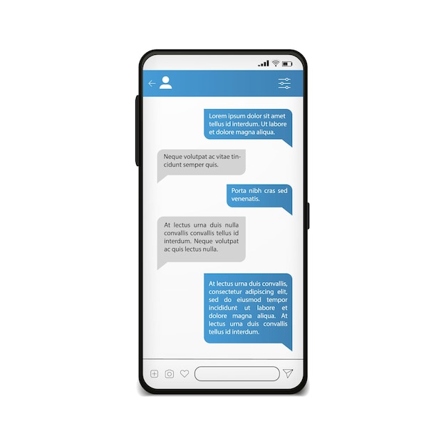 Chat on phone screen. Mobile messenger template. Social network mock up