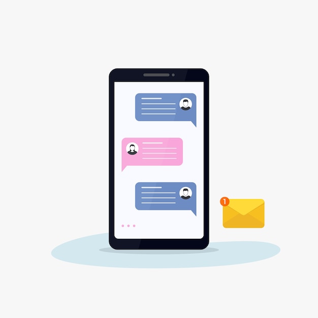 Чат на экране телефона с векторной иллюстрацией значка конверта