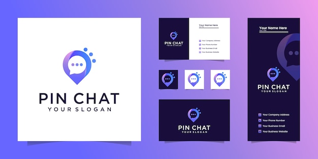 Chat plaats logo vector ontwerpsjabloon met pin-kaart en chat-zeepbel en visitekaartje