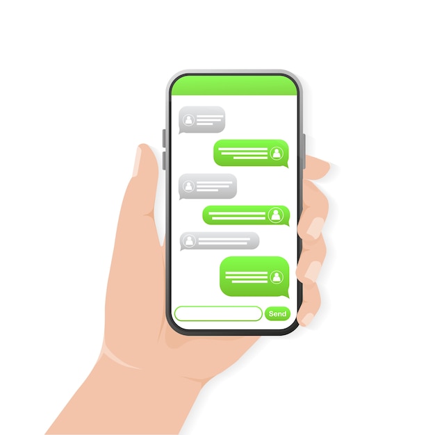 Chat-scherm met hand. Tekst bericht. Groene praatjebel. Smartphone-scherm.