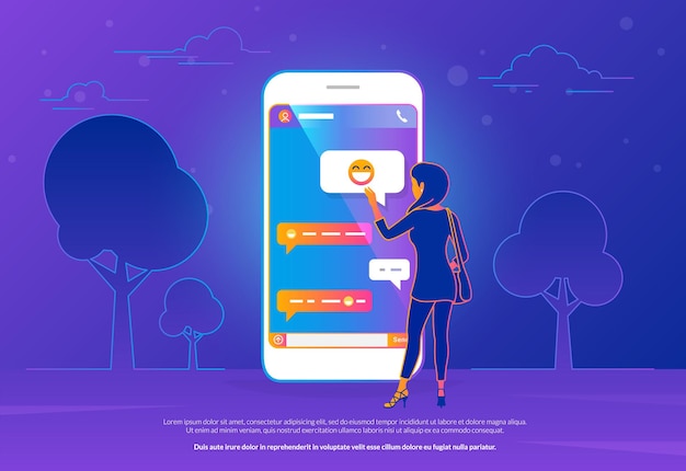 Vector chat talk concep vectorillustratie van vrouw die in de buurt van grote smartphone staat en berichten verzendt