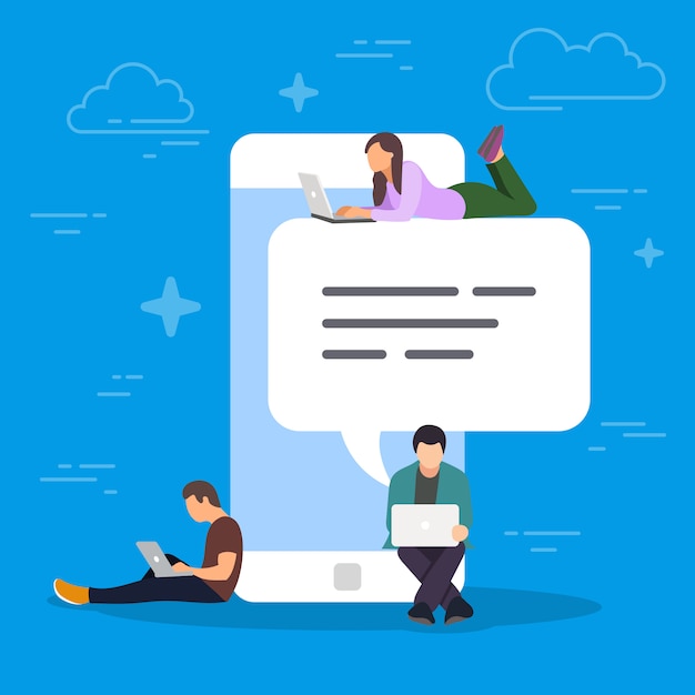 Vector chat talk concept illustration. young people using mobile smartphone for sending messages to each other. flat design of guy and woman standing near big smartphone with speech bubbles in chat.