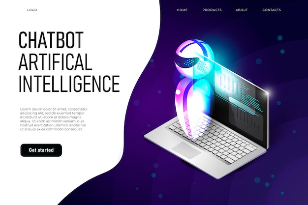 Vector chatbot artifical intelligence landing page template with flying robot and isomteric laptop.