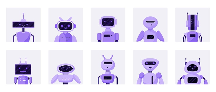 Vector chatbot avatars set purple cute robot assistant heads with antenna and funny face