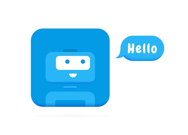 Персонаж чат-бота говорит HELLO Cute 3d Bot sign Дизайн логотипа чат-бота Бот для онлайн-консультации и службы поддержки Плоская векторная иллюстрация