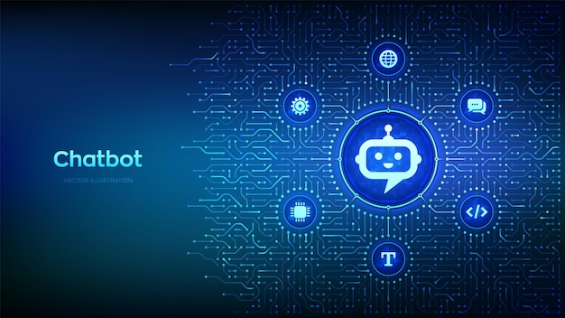 Chatbot Chatbot assistant application Smart assistant AI Artificial intelligence technology concept Neural network Background with circuit board connections and tech icons Vector Illustration