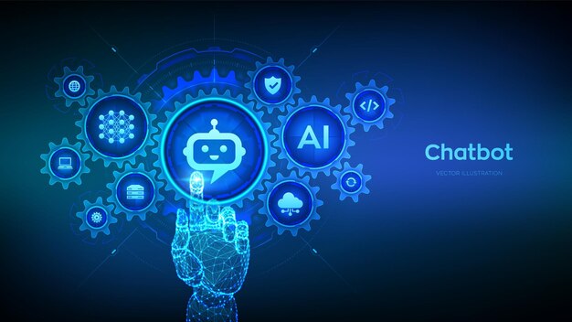 Chatbot 助理 智能助理 AI 人工智能技术概念 神经网络 手动触摸数字界面与连接的齿轮齿轮和图标 矢量插图
