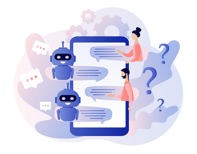 Vettore chatbot concept assistente robot ai assistenza clienti online piccole persone che chattano con l'app chatbot