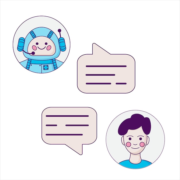 Concetto di chatbot. uomo in chat con chat bot. l'utente pone la domanda al robot e ottiene una risposta