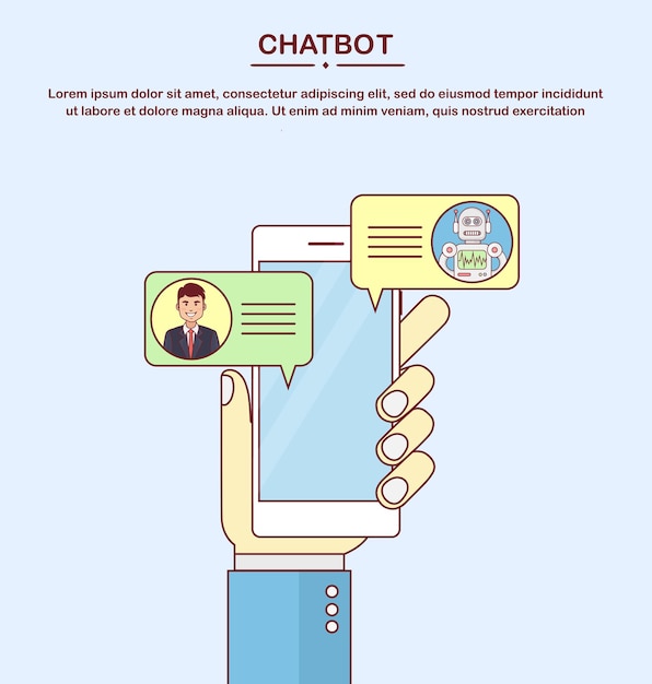 Концепция чат-бота. пользователь общается с чат-ботом на смартфоне