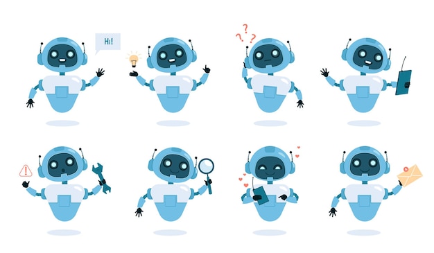 Chatbot functions and abilities flat illustrations set