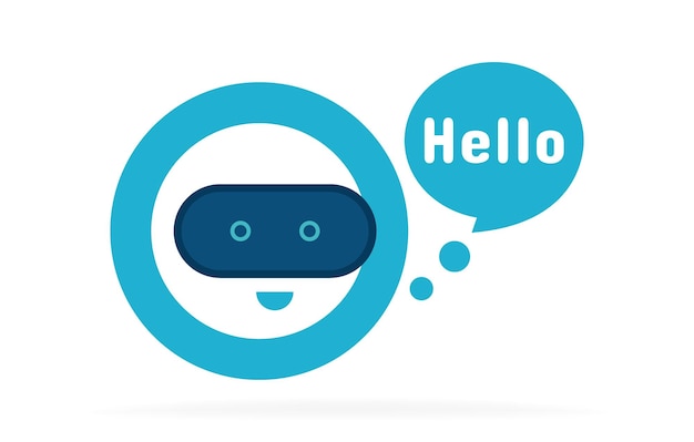 Chatbot-karakter zegt HALLO Schattig Bot-teken Chat bot-logo-ontwerp Bot voor online consultatie en ondersteuning Platte vectorillustratie