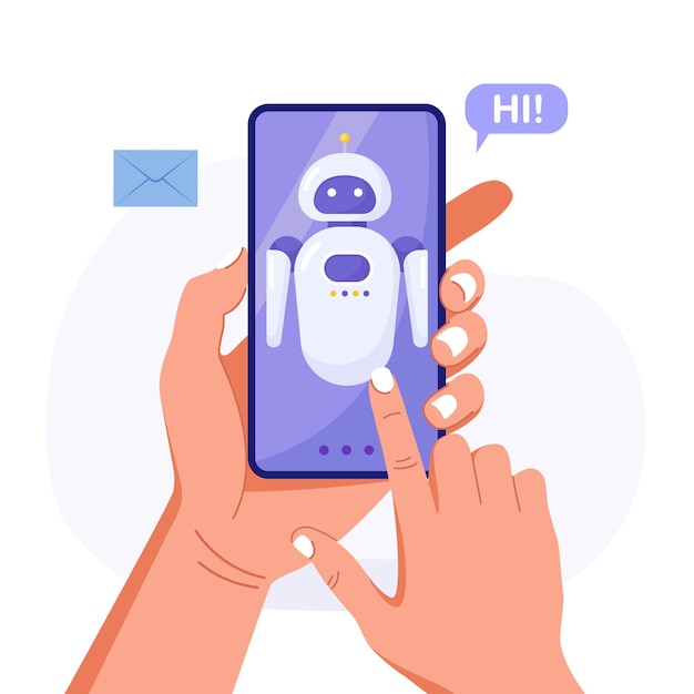 Chatbot kunstmatige intelligentie. Menselijke hand houdt telefoon vast met chatbot-applicatie en klantenservice-app. AI robot virtuele assistent, online klantenondersteuning. Veelgestelde vragen concept