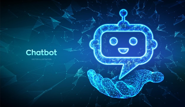 Chatbot Laag poly abstracte robot Chat hoofd icoon in de hand Tekstballon bericht symbool Dialoog wolk Chatbot assistent applicatie teken AI concept 3D veelhoekige vectorillustratie