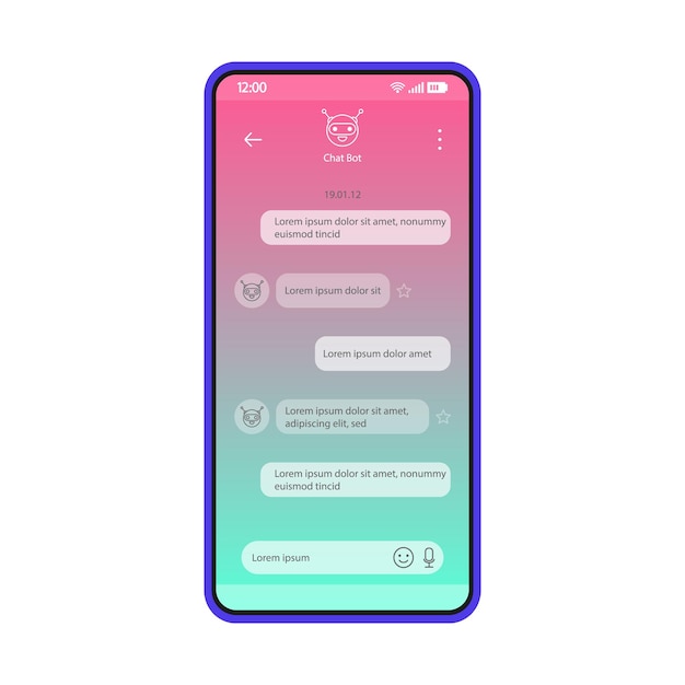 Векторный шаблон интерфейса смартфона приложения chatbot messenger. синий дизайн страницы мобильного экрана. чат-бот, диалоговое приложение виртуального помощника. градиентный плоский интерфейс. дисплей телефона с речевыми пузырями