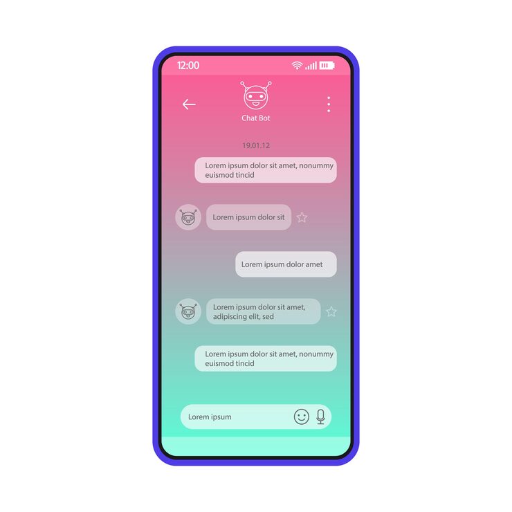 Vector chatbot messenger app smartphone interface vector template. mobile screen page blue design layout. chat bot, virtual assistant dialog application. gradient flat ui. phone display with speech bubbles