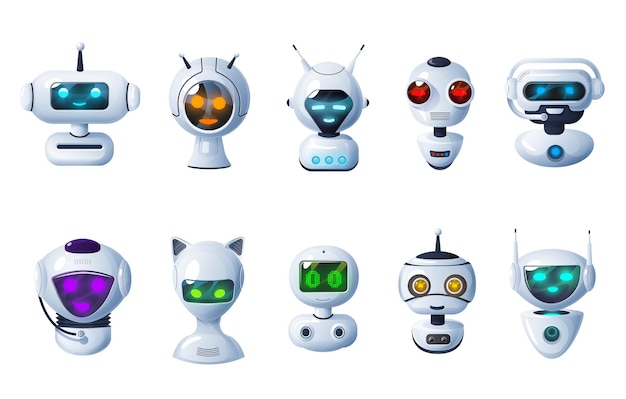 Chatbot-pictogrammen, cartoonrobots, cyborgkoppen met digitale gloed, microfoons en antennes.