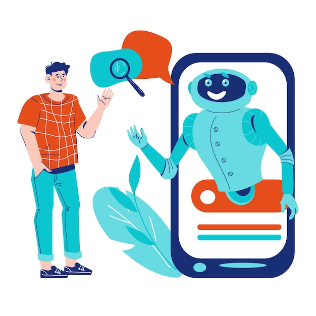 Robot chatbot o assistente virtuale cartoon illustrazione vettoriale isolata su sfondo bianco supporto tecnico robotico e concetto di servizio clienti con bot e cliente