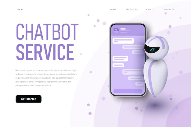 Вектор Шаблон целевой страницы сервиса чат-бота с левитирующим роботом.