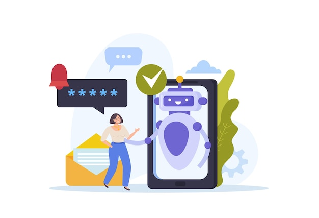chatbot services flat concept with woman using robotic messenger to get help vector illustration