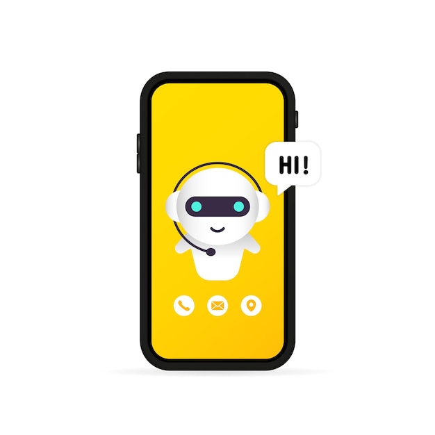スマートフォンのイラストまたはこんにちはメッセージとオンラインアシスタントボットのランディングページテンプレートまたはダイアログのチャットボット。
