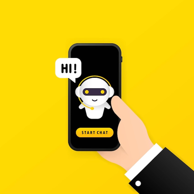 Chatbot nell'illustrazione dello smartphone e ciao messaggio o bot assistente online