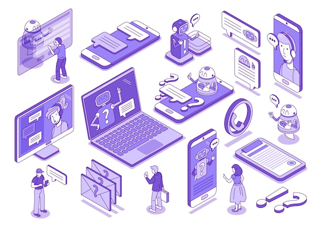 Vector chatbot technical support set with technology symbols isometric isolated vector illustration