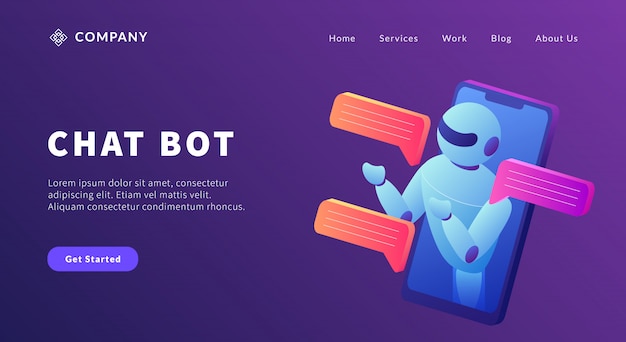 Вектор Связь технологии chatbot со смартфоном и концепцией робота для шаблона веб-сайта или целевой страницы