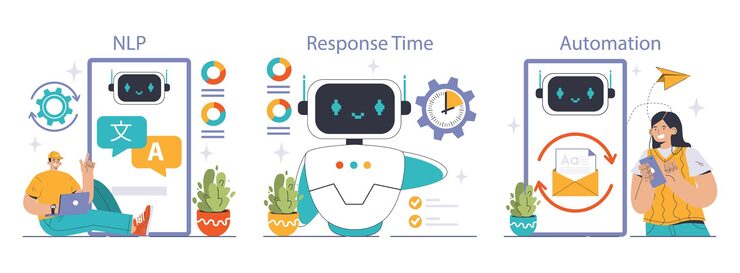 Vector chatbot technology set nlp algorithms swift reply metrics and digital task automation man interacts