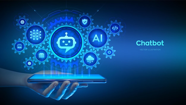 스마트폰에서 Chatbot 앱을 사용하는 스마트 어시스턴트 (Smart Assistant) Chatbot Assistant Conversation AI (인공지능 및 모바일 기술 개념) 신경망 AI 에이전트 터 일러스트레이션