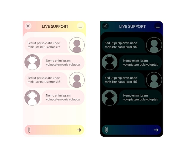 챗봇 창. 어둡고 밝은 모드. 온라인 대화가 있는 응용 프로그램의 사용자 인터페이스. 로봇 어시스턴트와의 대화
